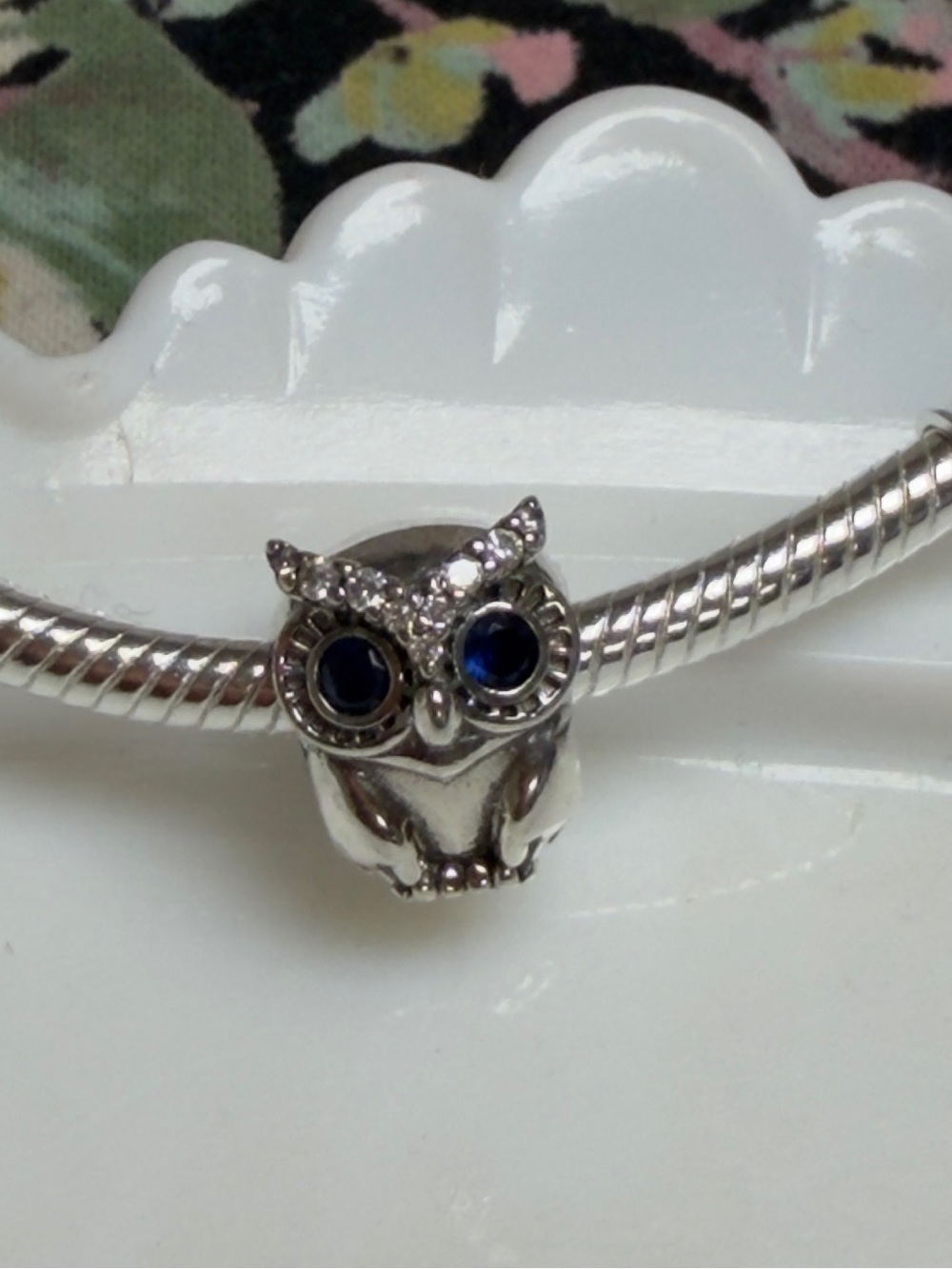 925 Sterling Silver. Owl Charm Bracelet Bead with Blue Eyes